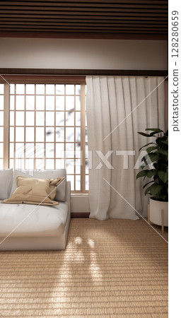 Tatami mat floor, room japanese traditional style. 3D rendering 128280659