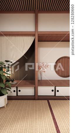 Tatami mat floor, room japanese traditional style. 3D rendering Tatami mat floor, room japanese traditional style. 3D rendering 128280660