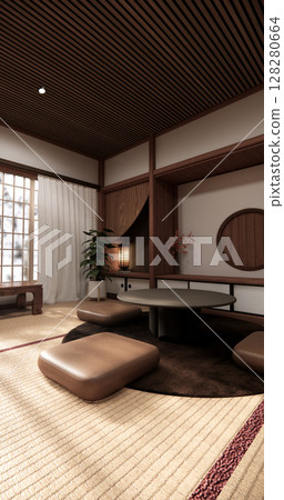 Chabudai japan traditional low table and decoration on minimal Japandi room japan style.3D rendering Chabudai japan traditional low table and decoration on minimal Japandi room japan style.3D rendering 128280664