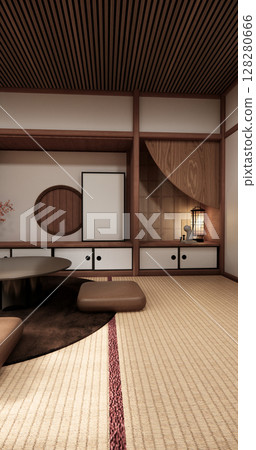 Chabudai japan traditional low table and decoration on minimal Japandi room japan style.3D rendering Chabudai japan traditional low table and decoration on minimal Japandi room japan style.3D rendering 128280666