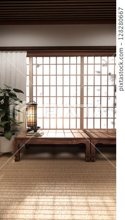 Chabudai japan traditional low table and decoration on minimal Japandi room japan style.3D rendering 128280667
