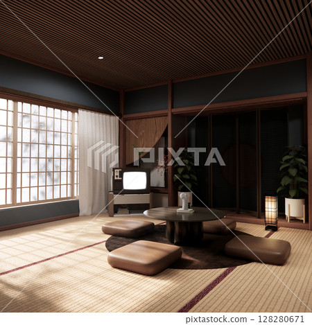 Blue dark concept with japan low table and pillow in modern living room colorful style. 3D render Blue dark concept with japan low table and pillow in modern living room colorful style. 3D render 128280671
