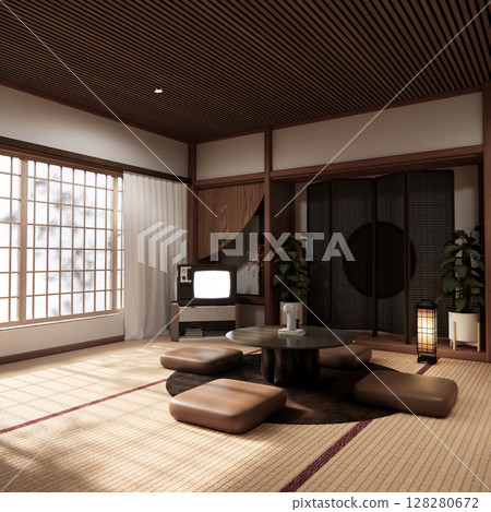 Chabudai japan traditional low table and decoration on minimal Japandi room japan style.3D rendering Chabudai japan traditional low table and decoration on minimal Japandi room japan style.3D rendering 128280672