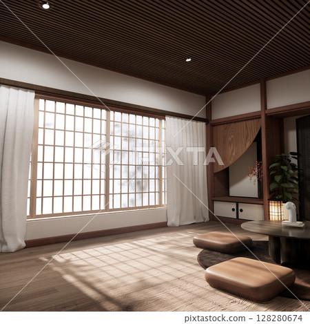 Chabudai japan traditional low table and decoration on minimal Japandi room japan style.3D rendering Chabudai japan traditional low table and decoration on minimal Japandi room japan style.3D rendering 128280674