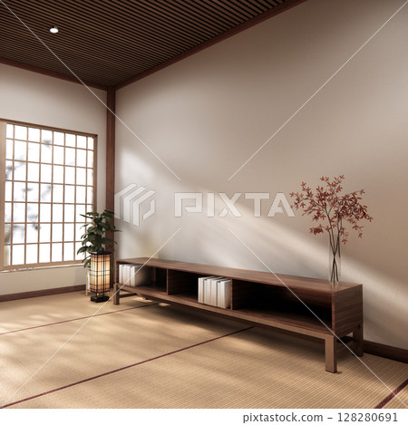 Mock up Cabinet design on earth tone wood room interior modern style .3D rendering 128280691