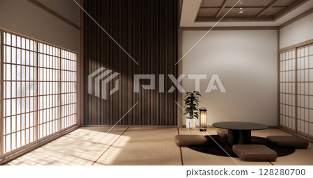 Chabudai japan traditional low table and decoration on minimal Japandi room japan style.3D rendering Chabudai japan traditional low table and decoration on minimal Japandi room japan style.3D rendering 128280700