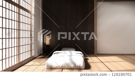 Bedroom Japanese traditional and mattress bed on floor and decoration japanese . 3D rendering Bedroom Japanese traditional and mattress bed on floor and decoration japanese . 3D rendering 128280701