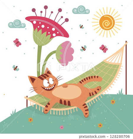 A cheerful cat lies on a hammock against the background of nature, flowers, sun and insects. Vector illustration A cheerful cat lies on a hammock against the background of nature, flowers, sun and insects. Vector illustration 128280706