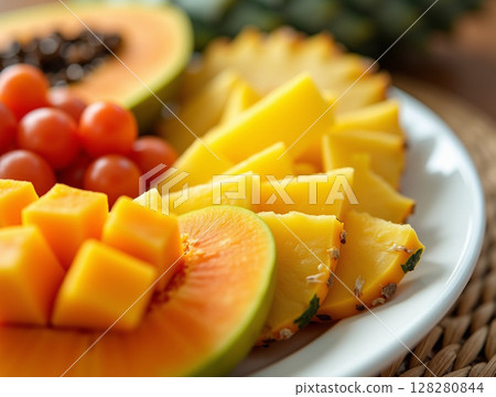 Vibrant Tropical Fruit Platter with Sliced Mango Papaya Pineapple and Bright Daylight 128280844