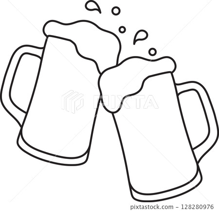 a full mug of frothy beer, clinking glasses, toast, splashes and drops, Oktoberfest, a simple black and white icon on an isolated background a full mug of frothy beer, clinking glasses, toast, splashes and drops, Oktoberfest, a simple black and white icon on an isolated background 128280976