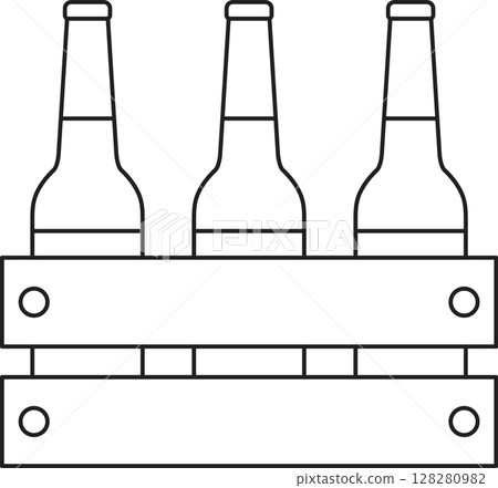 wooden box with three bottles of beer, oktoberfest, simple black and white icon on isolated background 128280982