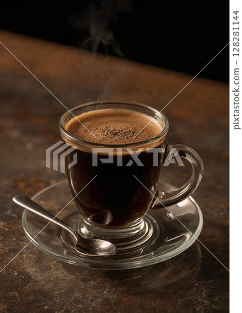 Close-up view of a rich, dark coffee, visibly hot with steam rising, served elegantly in a transparent cup and saucer on a textured, moody background. 128281144