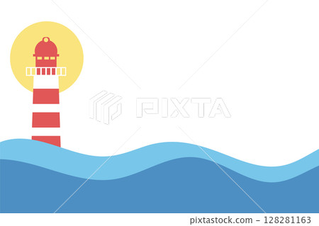 Lighthouse with red and white stripes among blue waves. Flat vector illustration. 128281163
