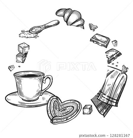 A round frame on the theme of a coffee shop, a cup of coffee, a sweet bun, croissants, a tablecloth, sugar cubes, chocolate slices. Vector illustration. For printing on food packaging, design. 128281167