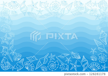 Abstract design of various seashells and starfish in blue outlines on a wavy blue stripes background, with copy space at the center for text. Abstract design of various seashells and starfish in blue outlines on a wavy blue stripes background, with copy space at the center for text. 128281178