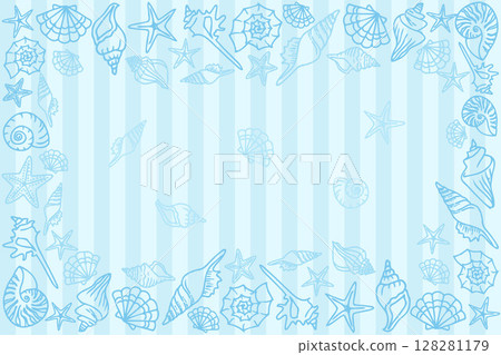 Abstract design of various seashells and starfish in blue outlines on a vertical blue stripes background, with copy space at the center for text.  Abstract design of various seashells and starfish in blue outlines on a vertical blue stripes background, with copy space at the center for text.  128281179