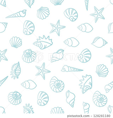Seamless pattern of various seashells and starfish in light blue outlines on a white background, often used for backgrounds, textiles, and other decorative purposes.  128281180
