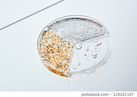 Three different serums in a three-section petri dish. 128281187