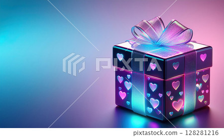 glowing gift box with holographic ribbons and heart patterns, perfect for anniversaries 128281216