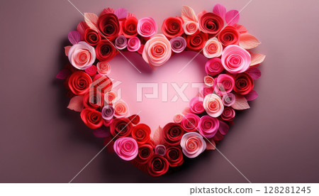 heart shaped wreath made of red and pink paper roses on minimalist background evokes romantic atmosphere 128281245