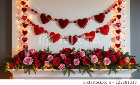festive mantle adorned with heart garlands, fairy lights, and rose bouquets, creating warm and romantic atmosphere perfect for celebrations 128281338