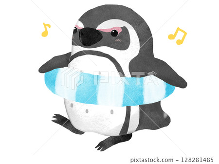 企鵝和游泳圈的插圖 128281485