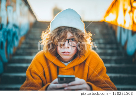 Teen boy with smartphone sitting on stairs outdoors Teen boy with smartphone sitting on stairs outdoors 128281568