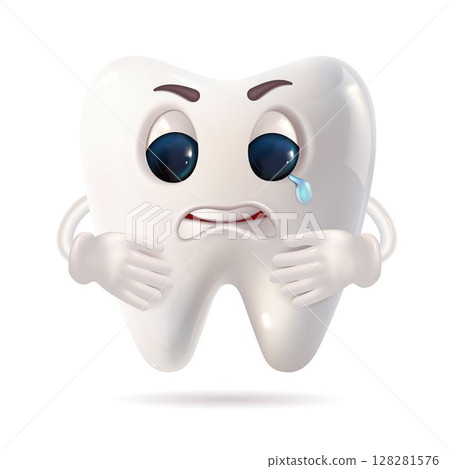 A cartoonstyle tooth character featuring a crying face along with hands 128281576
