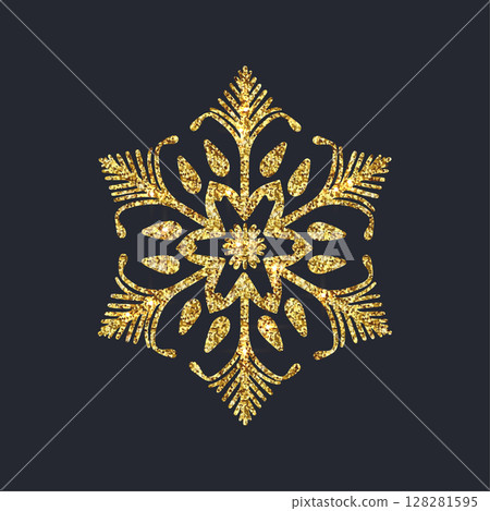 Boho Golden glitter texture snowflake isolated on dark background. Vector illustration. Sparkling confetti texture Boho Golden glitter texture snowflake isolated on dark background. Vector illustration. Sparkling confetti texture 128281595