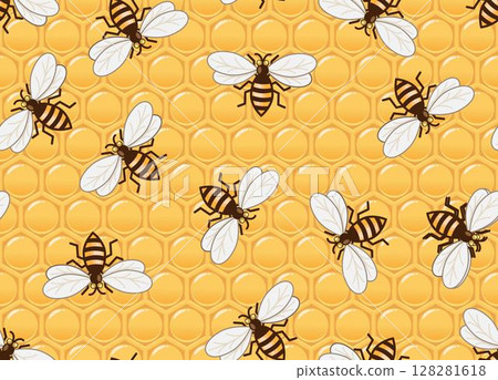 Seamless pattern of honeybees flying around on a honeycomb background. Honeycomb is a structure of hexagonal wax cells built by honey bees to store honey and pollen, and to raise their young bees.  128281618