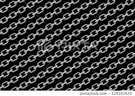 Pattern design of silver-colored metal chains, a series of interconnected, usually metal links or rings fitted into one another. Silver chains on black background. Pattern design of silver-colored metal chains, a series of interconnected, usually metal links or rings fitted into one another. Silver chains on black background. 128281620