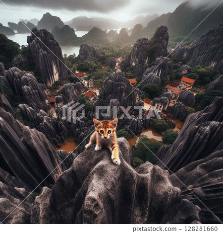 Kitten climbing a rocky mountain Kitten climbing a rocky mountain 128281660