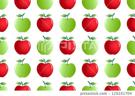 Seamless pattern of red and green apples and its green leaves on white background, vector illustration doodle design on white background. 128281704