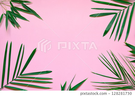Creative minimal summer idea. Green leaf branches. Palm leaves on pastel colors. Tropical exotic background with empty space for text. Concept creative art. Flat lay, top view. 128281730