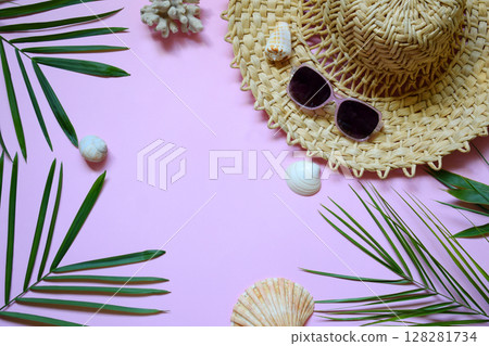 Creative minimal summer idea. Tropical beach concept made of bamboo hat, sunglasses, seashells and green palm leaves on pastel background. Creative art. Flat lay, top view. Copy space Creative minimal summer idea. Tropical beach concept made of bamboo hat, sunglasses, seashells and green palm leaves on pastel background. Creative art. Flat lay, top view. Copy space 128281734