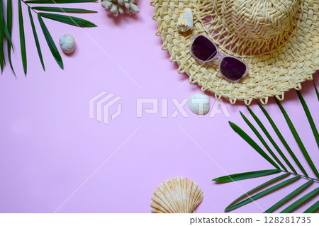 Creative minimal summer idea. Tropical beach concept made of bamboo hat, sunglasses, seashells and green palm leaves on pastel background. Creative art. Flat lay, top view. Copy space Creative minimal summer idea. Tropical beach concept made of bamboo hat, sunglasses, seashells and green palm leaves on pastel background. Creative art. Flat lay, top view. Copy space 128281735