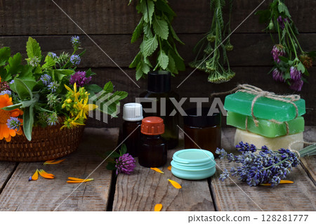 Composition of fresh herbs and flower: sage, mint, lavender, calendula, clover, yarrow. Natural alternative medicine or cosmetology. Composition of fresh herbs and flower: sage, mint, lavender, calendula, clover, yarrow. Natural alternative medicine or cosmetology. 128281777