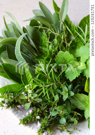 Fresh spicy and medicinal herbs on white background. Bouquet from various herb - rosemary, oregano, sage, marjoram, basil, thyme, mint. Fresh spicy and medicinal herbs on white background. Bouquet from various herb - rosemary, oregano, sage, marjoram, basil, thyme, mint. 128281781