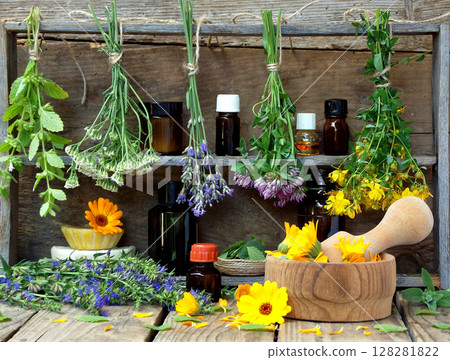 bunches of healing herbs - mint, yarrow, lavender, clover, hyssop, milfoil, mortar with flowers of calendula and bottles, herbal medicine bunches of healing herbs - mint, yarrow, lavender, clover, hyssop, milfoil, mortar with flowers of calendula and bottles, herbal medicine 128281822