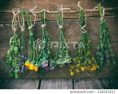 bunches of healing herbs - mint, yarrow, lavender, clover, hyssop, calendula, milfoil, herbal medicine 128281831
