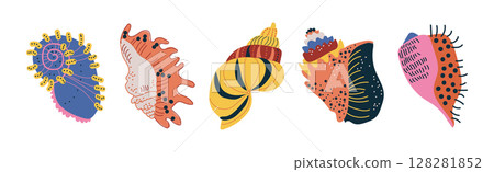 Colorful Tropical Shell as Underwater Sea Bottom Element Vector Set 128281852