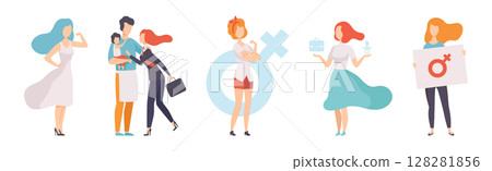 Gender Equality in Society with Woman Character Fight Against Discriminations Vector Set Gender Equality in Society with Woman Character Fight Against Discriminations Vector Set 128281856