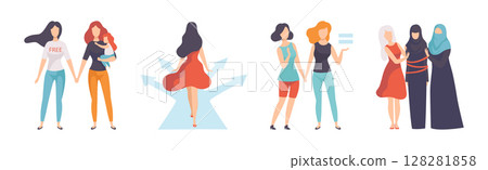 Gender Equality in Society with Woman Character Fight Against Discriminations Vector Set 128281858
