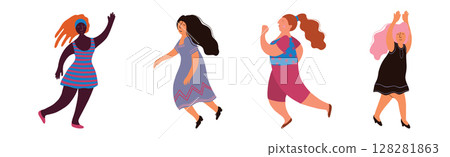 Pretty Body Positive Woman in Standing Pose Vector Set 128281863