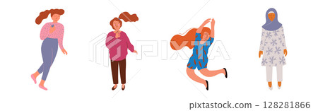 Pretty Body Positive Woman in Standing Pose Vector Set Pretty Body Positive Woman in Standing Pose Vector Set 128281866