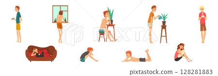 Man and Woman Character Resting and Relaxing at Home on Weekend Vector Set 128281883