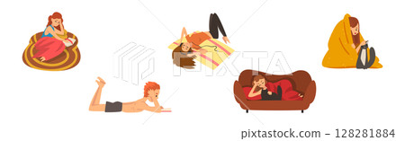 Man and Woman Character Resting and Relaxing at Home on Weekend Vector Set Man and Woman Character Resting and Relaxing at Home on Weekend Vector Set 128281884