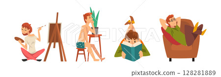 Man and Woman Character Resting and Relaxing at Home on Weekend Vector Set Man and Woman Character Resting and Relaxing at Home on Weekend Vector Set 128281889