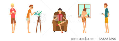 Man Character Resting and Relaxing at Home on Weekend Vector Set 128281890