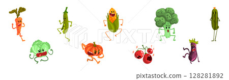 Funny Vegetable Character with Face and Arms Vector Set 128281892